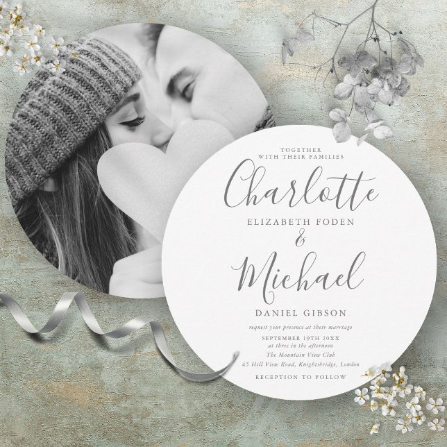 Convite de Casamento Circular com Foto Elegante (Elegant Signature Circular Photo Wedding Invitation)