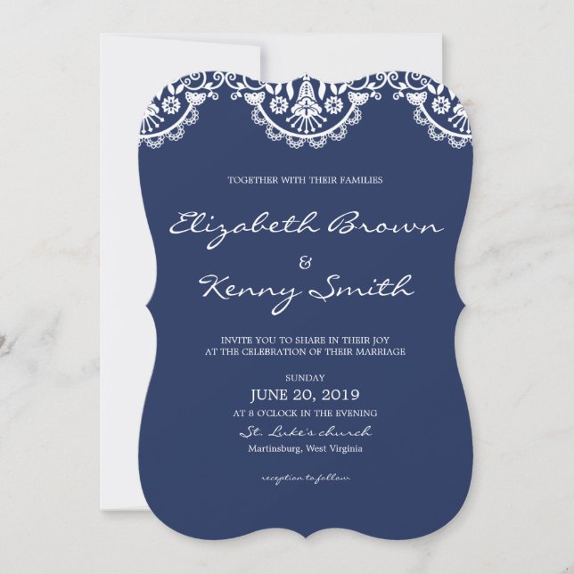 Convite de Casamento Clássico Azul Marinho com Ren (Frente)
