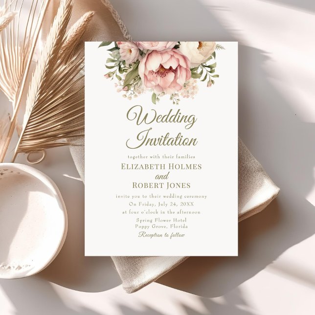 Convite de Casamento Clássico com Peônia Rosa e Pê (Soft Peach and Blush Floral Wedding Invitation on a neutral boho wedding table.)