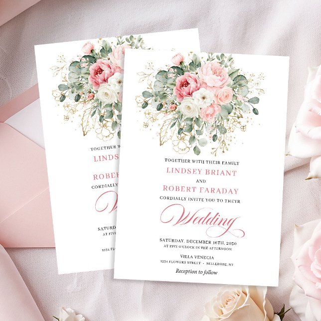 Convite de Casamento Clássico com Peônias Rosa e V (Classic Blush Peonies Greenery Gold Wedding Invite)