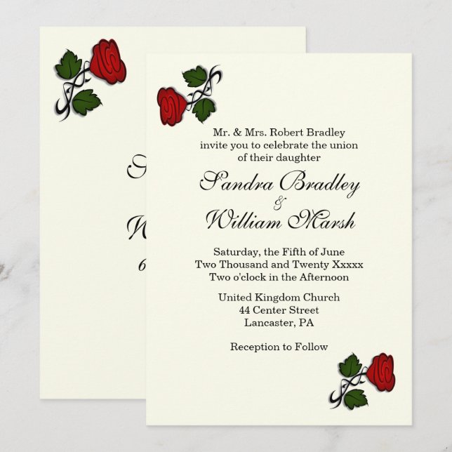 Convite de Casamento Clássico de rosa vermelha (Frente/Verso)