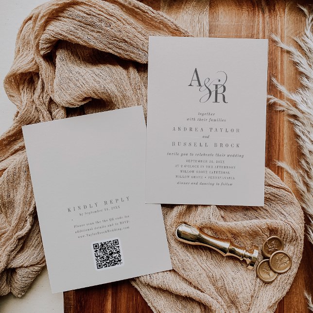 Convite de Casamento Clássico Elegante ANDREA Bege (ANDREA Beige QR Code Classic Elegant Wedding Invitation)