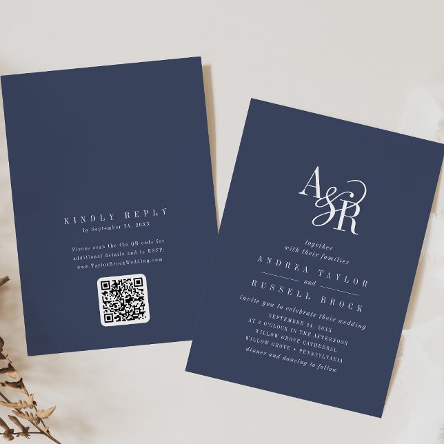 Convite de Casamento Clássico Elegante Azul Marinh (ANDREA Navy Blue QR Code Classic Elegant Wedding Invitation)