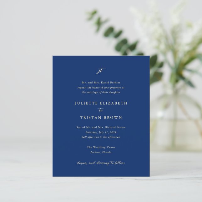 Convite de Casamento Clássico Elegante em Azul Mar (Em pé/Frente)