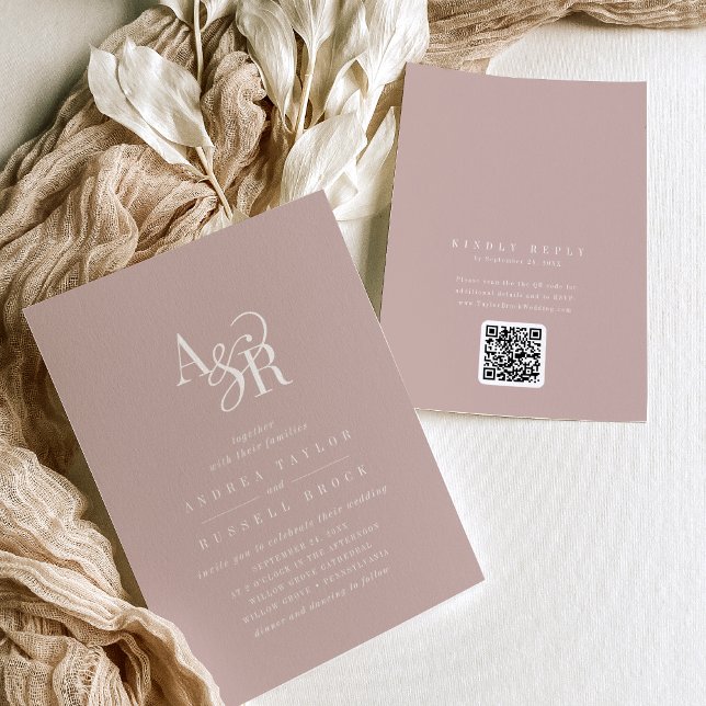 Convite de Casamento Clássico Elegante Rosa Andrea (ANDREA Blush Pink QR Code Classic Elegant Wedding Invitation)