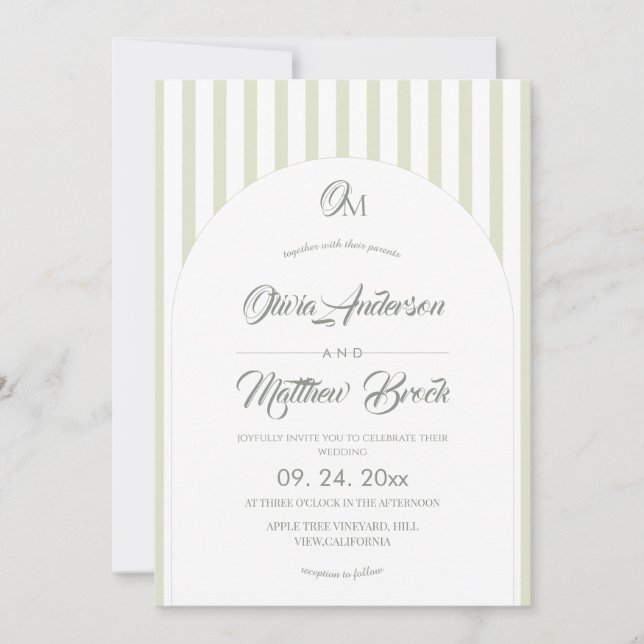 Convite de Casamento Clássico Elegante⎮Sage Listra (Frente)