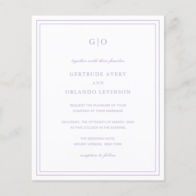 Convite de Casamento Clássico Lilás Elegante e Eco (Frente)