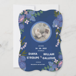 Convite de Casamento Clássico Moderno Floral Azul