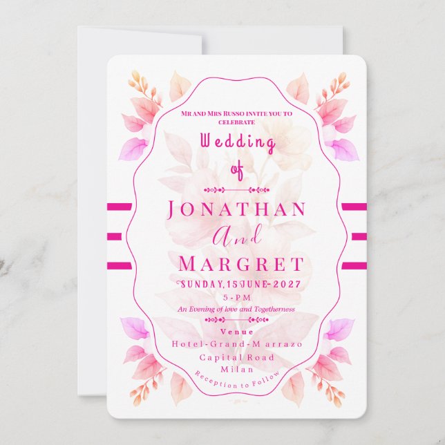 Convite de Casamento Clássico Rosa Floral Estético (Frente)