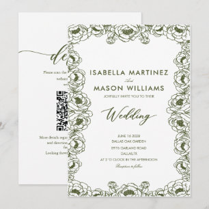 convite de casamento clássico verde oliva floral e