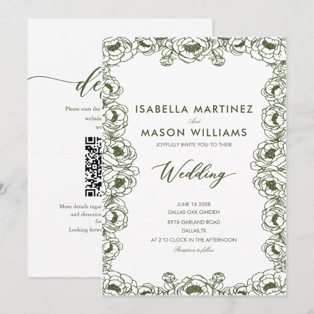 convite de casamento clássico verde oliva floral e (Frente/Verso)