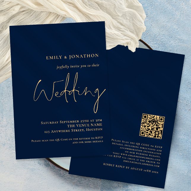 Convite de Casamento Classy QR Code Azul Marinho D (Criador carregado)