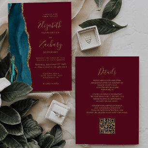 Convite de Casamento Código QR Ágata Dourada Verde