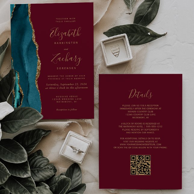 Convite de Casamento Código QR Ágata Dourada Verde (Criador carregado)