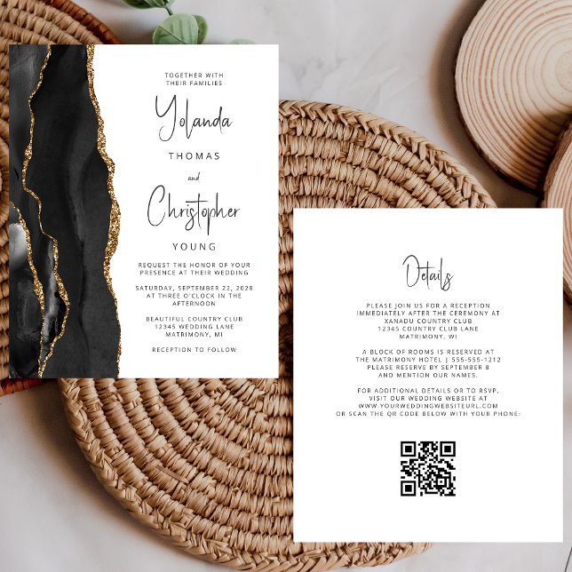 Convite de Casamento Código QR Agate Preto Dourado (Criador carregado)