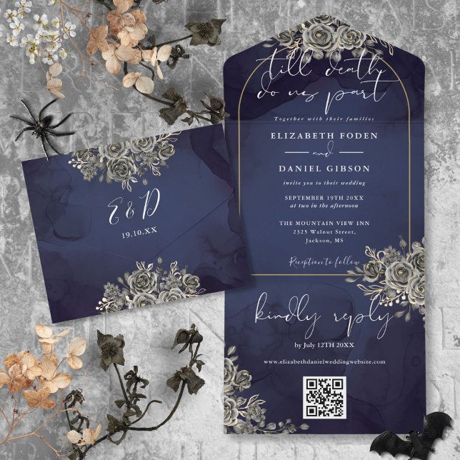 Convite de Casamento Código QR Arco Dourado Gótico (Gothic Gold Arch Black Roses QR Code Wedding All In One Invitation)