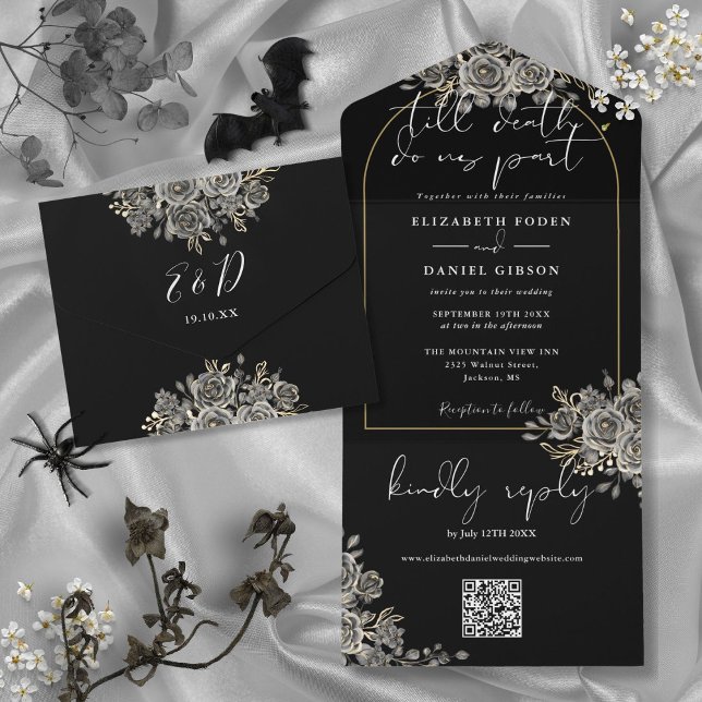 Convite de Casamento Código QR Arco Dourado Gótico (Gothic Gold Arch Black Roses QR Code Wedding All In One Invitation)