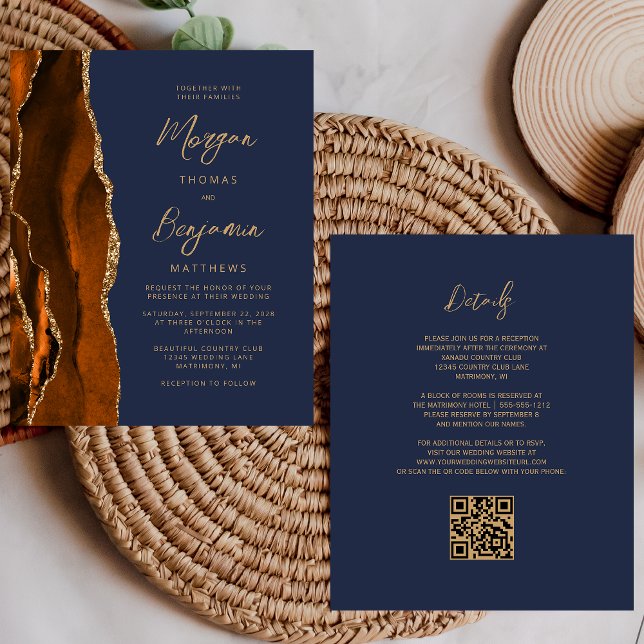 Convite de Casamento Código QR Azul Naval Ágata Or (Criador carregado)