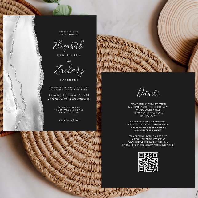 Convite de Casamento Código QR Cinza Prata Ágata E (Criador carregado)