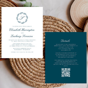Convite de Casamento Código QR com Monograma Azul 