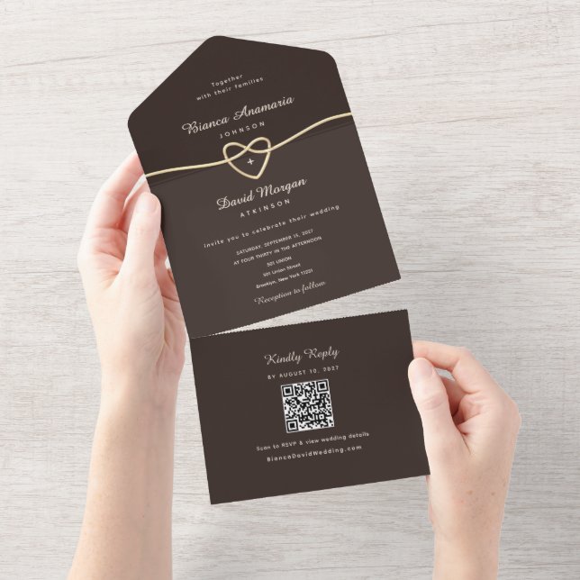 Convite de Casamento Código QR Coração Dourado Mar (Aba destacável)