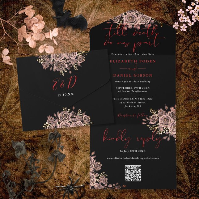 Convite de Casamento Código QR de Rosas Góticas Pr (Black And Red Gothic Roses QR Code Wedding All In One Invitation)