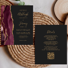 Convite de Casamento Código QR Dourado Burgundy Es