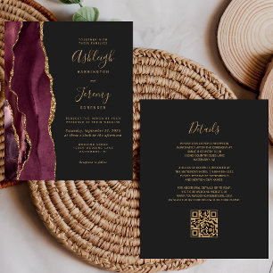 Convite de Casamento Código QR Dourado Burgundy Es