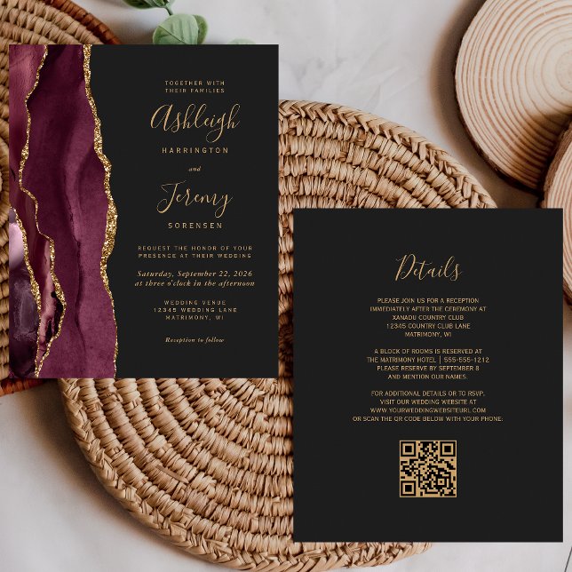 Convite de Casamento Código QR Dourado Burgundy Es (Criador carregado)