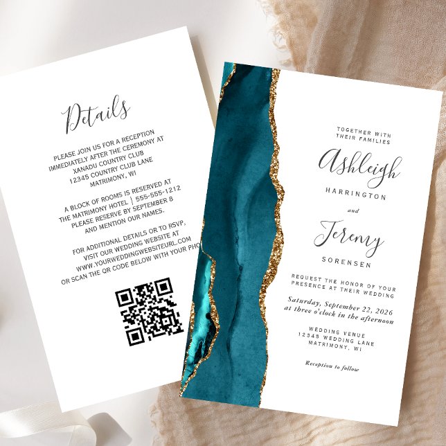 Convite de Casamento Código QR Dourado Teal Orçame (Criador carregado)
