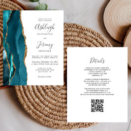 Convite de Casamento Código QR Dourado Teal Orçame
