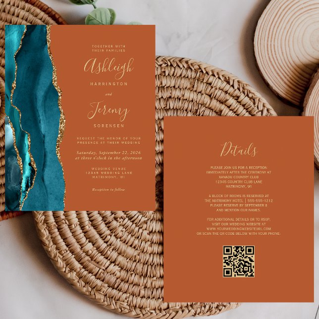 Convite de Casamento Código QR Dourado Teal Orçame (Criador carregado)