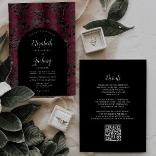 Convite de Casamento Código QR em Damasco Preto Bo