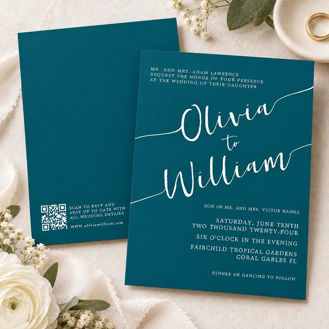Convite de Casamento Código QR em Grafite Turquesa (Teal Script QR Code Wedding)