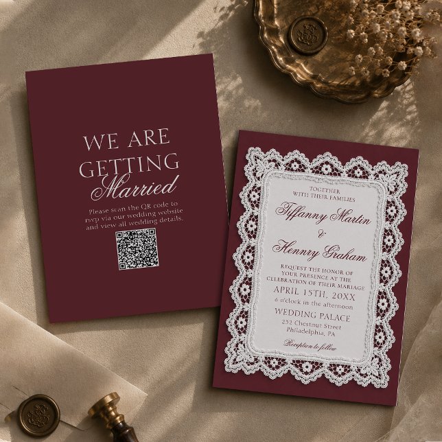 Convite de Casamento Código QR em Renda Burgundy O (Criador carregado)