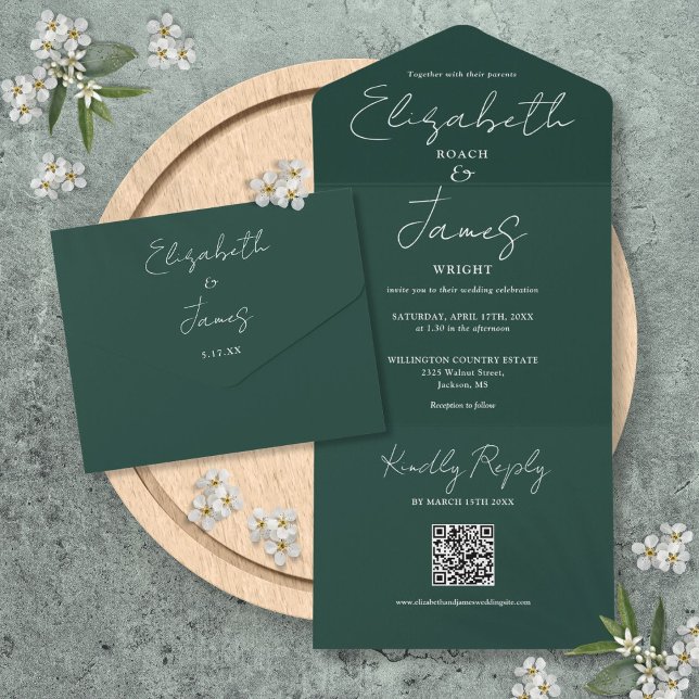 Convite de Casamento Código QR em Script Elegante  (Emerald Green Elegant Script QR Code Wedding All In One Invitation)