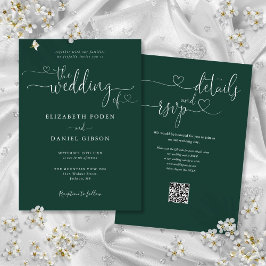 Convite de Casamento Código QR Emerald Green Heart