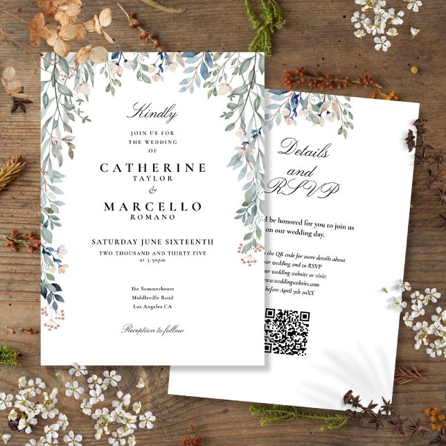 Convite de Casamento Código QR Floral de Flores Si (Elegant Wildflowers Floral QR Code Wedding Invitation)