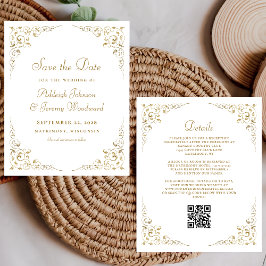Convite de Casamento Código QR Folhagem Dourada Or