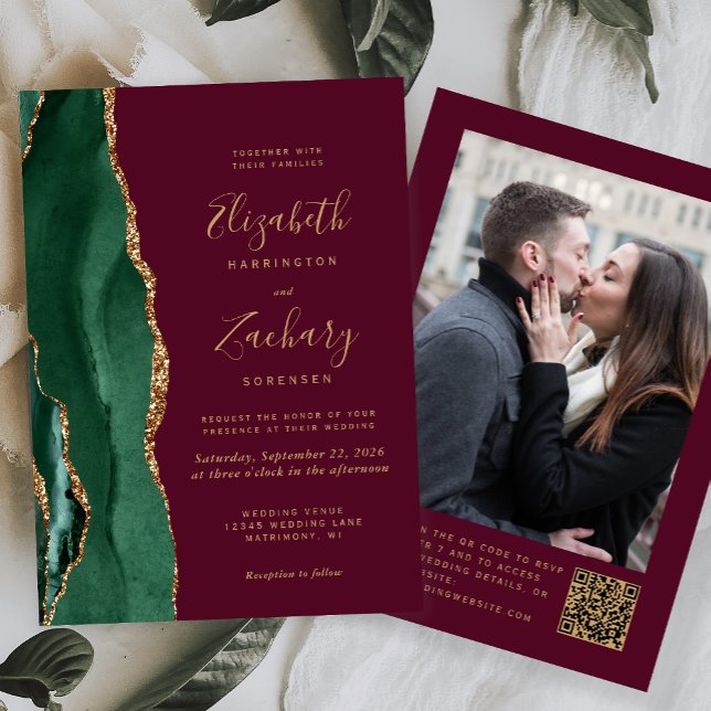 Convite de Casamento Código QR Foto Burgundy Ágata (Criador carregado)