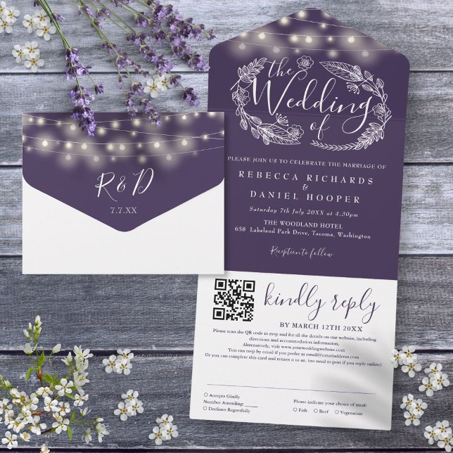 Convite de Casamento Código QR Luzes de Corda Roxa (Purple String Lights QR Code Wedding All In One Invitation)