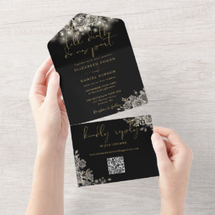 Convite de Casamento Código QR Luzes de Rosas Pret