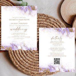Convite de Casamento Código QR Mármore Lavanda Dou