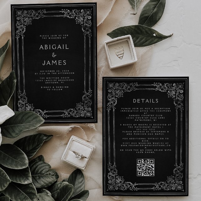 Convite de Casamento Código QR Moldura Preta Prata (Criador carregado)