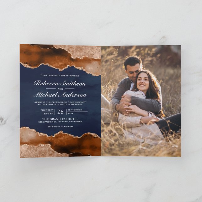 Convite de Casamento Código QR Naval Mármore Ágata (Interior)