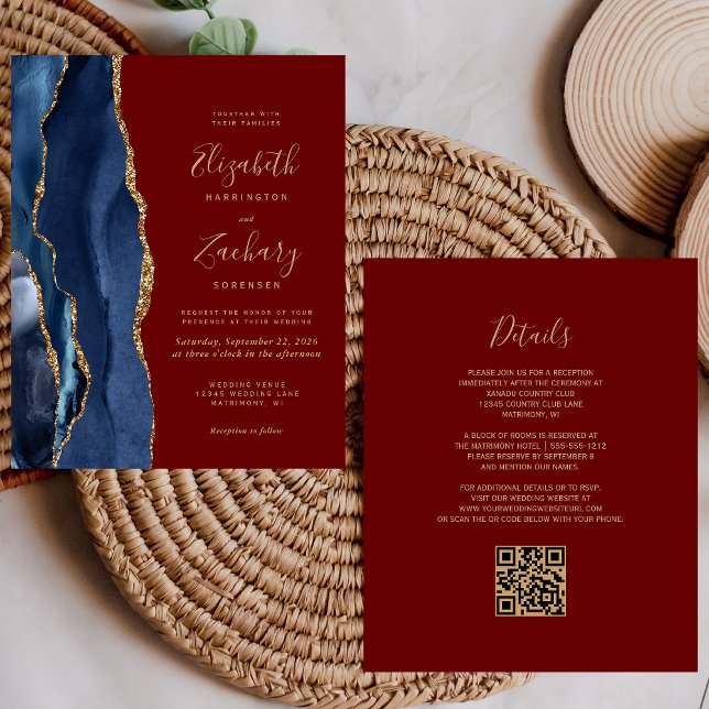 Convite de Casamento Código QR Navy Agate Burgundy (Criador carregado)