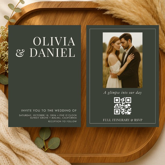 Convite de Casamento Código QR Oliva Minimalista F (Criador carregado)