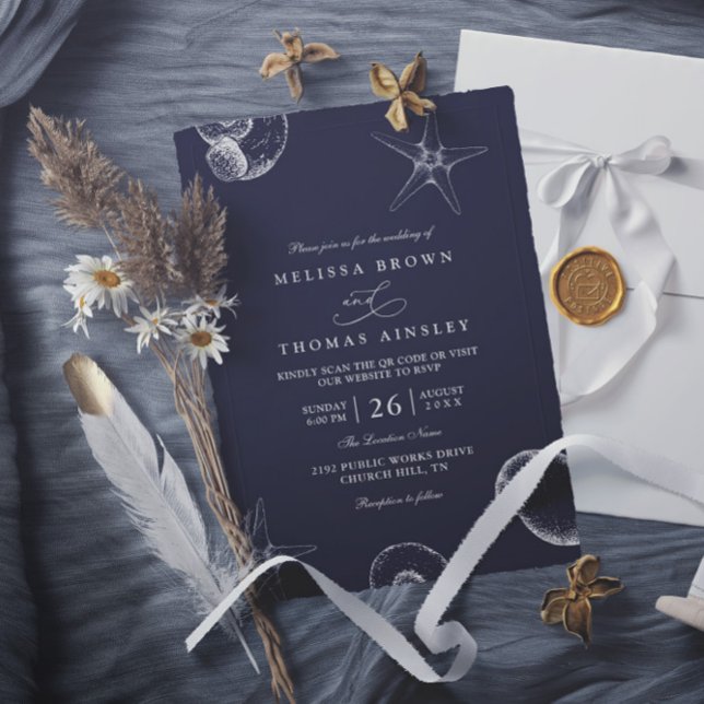 Convite de Casamento Código QR Praia Mar Além do R (Criador carregado)