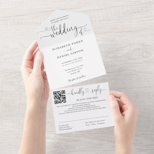 Convite de Casamento Código QR Preto e Branco Hear (Aba destacável)