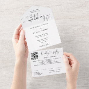 Convite de Casamento Código QR Preto e Branco Hear